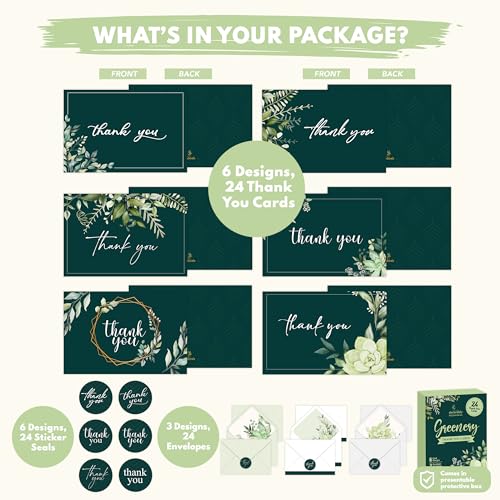 Decorably 24 Pack 6x4in Greenery Thank You Cards with Envelopes - style: Greenery