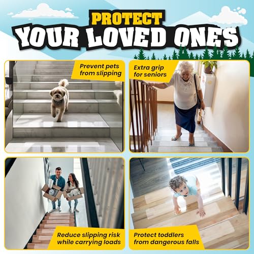 16 Pack Clear Stair Treads for Wooden Steps Indoor – 24"x4" Invisible Stair Treads Non Slip | Transparent Self-Adhesive Anti Slip Tape for Kids, Seniors & Pets | Includes Rubber Roller