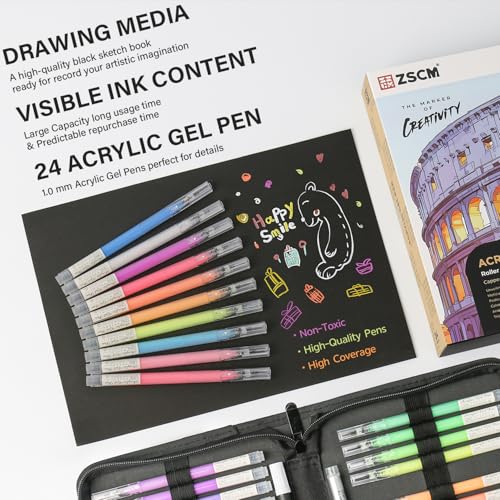 ZSCM 24 Colors 3D Acrylic Gel Pens & Black Paper Sketchbook for Drawing - color: 24 Packs-Bright