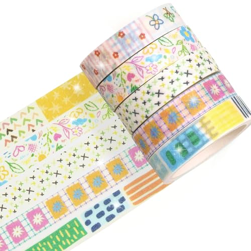 Cute Pattern Washi Tape Set 5 Rolls Glitter Cover Decorative Wide Kawaii Masking Tapes for Arts, DIY Crafts, Journals, Planners, Scrapbook, Wrapping (7 Floral Garden) - color: 7 Floral Garden