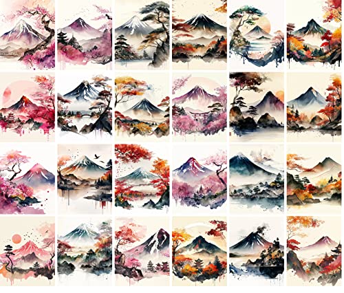 PIXILUV Vintage Postcards (24 pcs 4"x6" each) Japan Watercolor Fuji and Sakura Vintage Postcards Book Illustrations Reprint - color: Orange