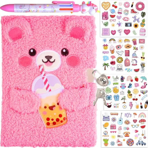 Diary for Girls with Lock and Keys, Journal School Travel Notebook Gift Set for Writing and Drawing,Multicolored Pen, Stickers, Birthday Gift for Girls (pink-Bear) - color: Pink