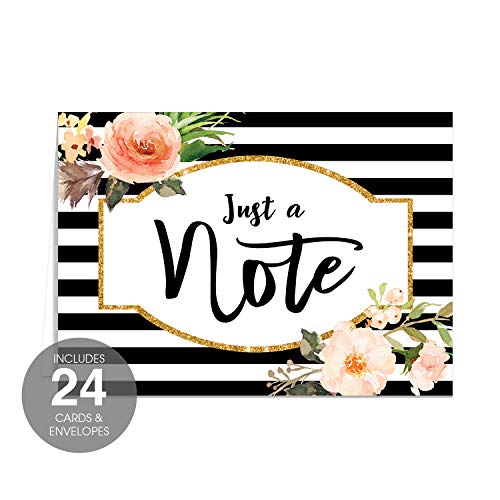 Canopy Street Black Stripe Floral And Faux Glitter Note Cards / 24 Just A Note Cards/All Occasion Greeting Cards / 3 1/2" x 4 7/8" Floral Cards - color: Just A Note