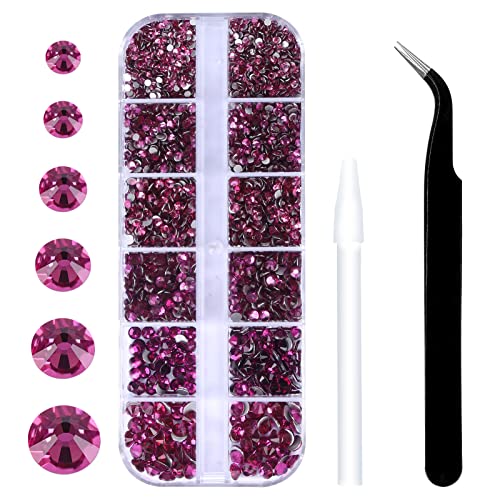3792pcs Fuchsia Crystal Flatback Rhinestones Glass Diamantes Round Gems for Crafts Nail, Makeup, Clothes, Mixed 6 Sizes with Wax Pencil and Tweezer Kit(SS6~SS20) - color: Fuchsia