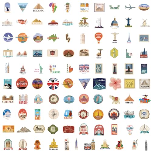 100 PCS World Travel Stickers, Travel Scrapbook Journal Decals for Water Bottles,Laptop, Luggage - Waterproof Vinyl Stickers