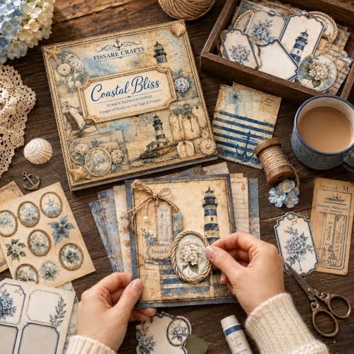 CRAFTS Coastal Bliss Vintage Nautical Scrapbook Paper | 20 single-sided sheets with seaside ephemera, tags & alphabet stickers. Ideal for junk journals, mixed media & card making. - size: 6x6
