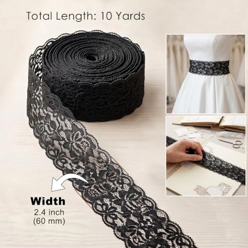 QingHan Black Lace Trim Ribbon: 10 Yards x 2.36 Inch - color: Black