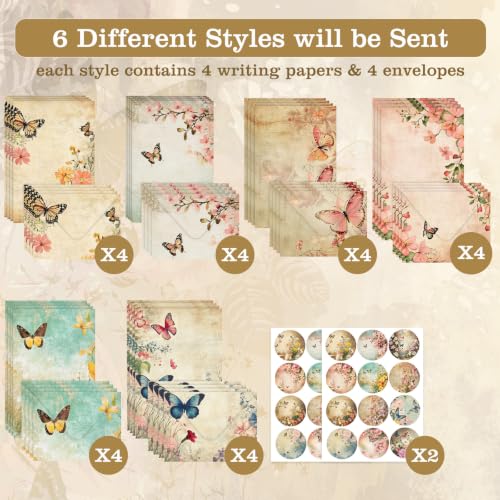 50 Pcs Stationery Paper Envelopes Set,No-Bleed Lined (6Style) | Includes 24 Unlined Writing Paper & 24 Envelopes & 24 Stickers, Vintage Butterfly Letter Writing Stationery Paper Envelopes - color: Vintage Butterfly