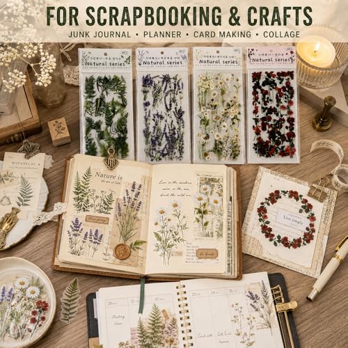 24 Sheets Precut Clear PET Pressed Flower Stickers for Crafts, Scrapbooking | Transparent Wildflower Floral Stickers for Journaling, Junk Journal Supplies, Planner, Collage and Card Making - color: Diecut Pet Flowers Stickers Sheets