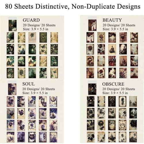 80 Sheets Gothic Scrapbook Paper for Scrapbook Kit, Vintage Ephemera for Junk Journals, Magic Decoupage Paper for Journaling Supplies , Dark Academia Wall Decor Room for Home Decorations