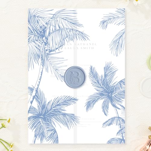 50 Pack Pre-Folded Vellum Jackets for 5x7 Invitations,AZAZA Elegant Translucent Invitation Sleeves,115GSM Vellum Jackets 5x7, Wedding Invitation Accessories, for Weddings Birthdays,Blue Palm Tree - color: 50Pack--Blue Palm Tree