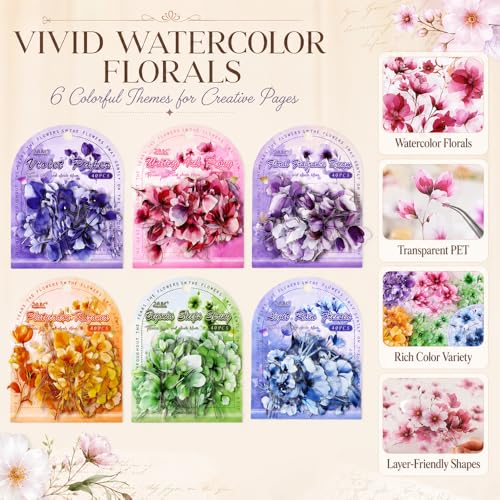 240Pcs Transparent PET Watercolor Flower Stickers for Journaling, Collage | Clear Floral Decorative Stickers Set for Scrapbooking, Junk Journal Supplies, Card Making, Bujo, Crafts - color: Floating Petals & Petal Shower