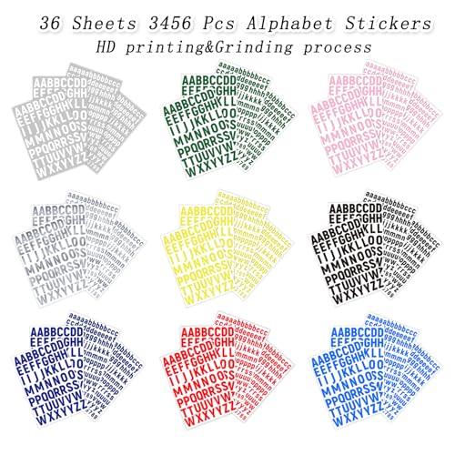 PRSTINCOL 3456 Pcs 36 Sheets Colorful Alphabet Stickers Pad, 9 Colors Self Adhesive Letter Number Stickers Vinyl Waterproof Decals for Mailbox Gift Decoration Door Classroom Decor DIY Crafts - color: Alphabet