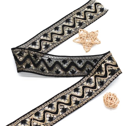 10 Yards 2 Inch Black Gold Sequin Ribbon Beaded Lace Trim Metallic Vintage Sheer Paillette Glitter Embroidery Edging Ribbon for Sewing Making Craft Wrapping Wedding Christmas Decor Supplies - color: Black,golden