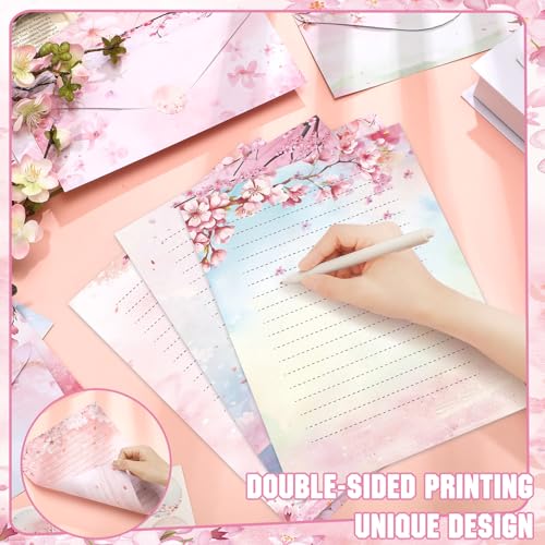 TaoBary 160 Pcs Cherry Blossom Stationery Paper and Envelopes Set 50 Double Sided Lined Stationery Paper with 50 Matching Envelopes and 60 Round Dot Sticker 8.5 x 11'' Letter Writing Kit, 10design - size: 8.5 x 11 Inch, style: Cherry Blossom