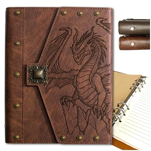 DUROTAN DND Journal Dragon Notebook A5 Binder Unique 400 Page D&D Gifts | for Dungeons And Dragons Accessories - Vintage Leather Suitable for Women & Men writing,Poets,Travelers,as a Diary Dnd Gift - color: s02-Brown-Dragon