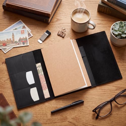 Eaasty A5 Genuine Leather Refillable Notebook Travel Journal, Black - color: Black
