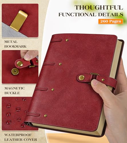 Leather Journal Notebook, A6 Size 5.3 x 7 inches 260 Lined Pages-Wine Red - color: Wine Red, size: 5.3*7inch