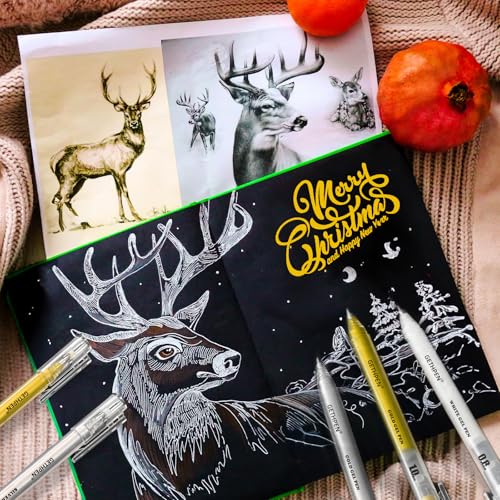 GETHPEN Gold Silver White Gel Pen Set, 0.6mm Extra Fine Opaque Archival Ink | Metallic Gel Ink Pens for Black Paper Drawing, Sketching, Card Making, Illustration, Bullet Journaling, 6 Pack - size: 0.6 mm, style: 6 Pack White, Gold and Silver