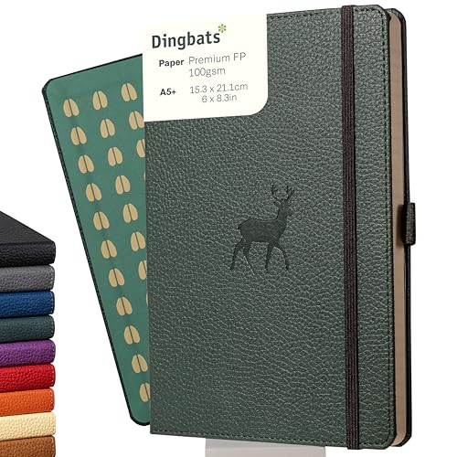 Dingbats* Wildlife Dotted Journal Notebook A5 - Vegan Leather Hard Cover, Ideal for Work, Travel - Pocket, Elastic Closure, Bookmark - color: Green Deer, style: Dotted