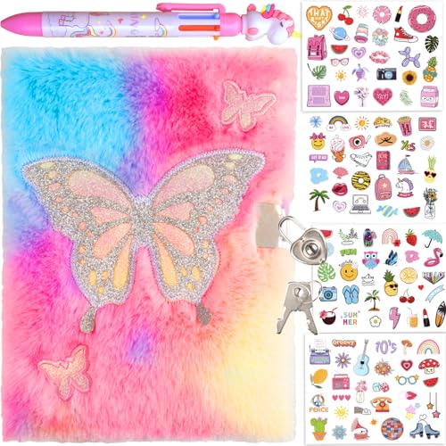 Diary for Girls with Lock and Keys, Journal School Travel Notebook Gift Set for Writing and Drawing,Multicolored Pen, Stickers, Birthday Gift for Girls (pink-butterfly) - color: pink-butterfly