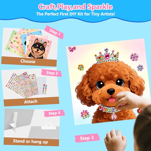 Dog Gem Sticker Art Kit for Girls Ages 3-8, Diamond Art Kit for Kids | 8 Pack DIY Puppy Sticker Art Kit, 1000+ Gems, Easy Peel-and-Stick Craft Activity with Display Stand, Birthday Gift for Girls - color: Blue-Dog