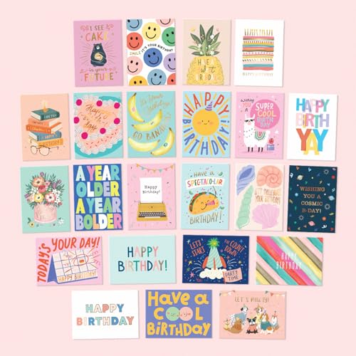 S&O Box of Happy Birthday Cards with Envelopes - 100 Unique Memorable Birthday Cards with Envelopes - Colorful Important Day Notes Bulk for Office & Home - Assorted Occasion Greetings - 4x5.5” - color: Modern (set of 100)
