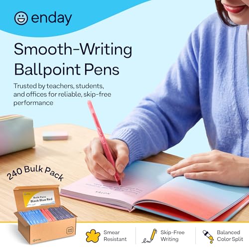 Enday Pens Ballpoint, Long Lasting Ink Pens Bulk 240 Pack (100 Black, 100 Blue & 40 Red), Smooth and Consistent Writing Pens, Medium Point (1.0mm) Flexible Round Barrel for Writing Comfort - color: Black, Blue & Red