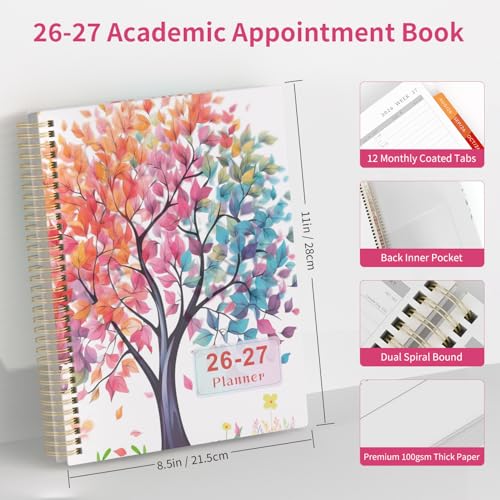 2026-2027 Appointment Book Weekly Quarter-Hourly, July 2026 - June 2027 Agenda 2026-2027 Academic Planner with Colorful Tabs, 8.5"x11", Spiral Binding, Hardcover, Note Pages, Pockets - color: Pink Tree (07.2026 - 06.2027), size: A4 (8.5''x11'')