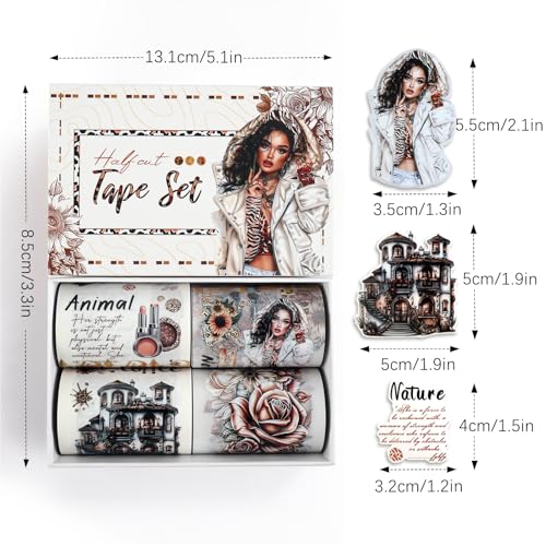 Dizdkizd Washi Tape Set, 4 Pre-Cut Animal Print PET & Washi Tapes Stickers with Diverse Sexy Women, Flowers, Adult Journaling Supplies for Collage Scrapbooks Craft Project - color: Brown