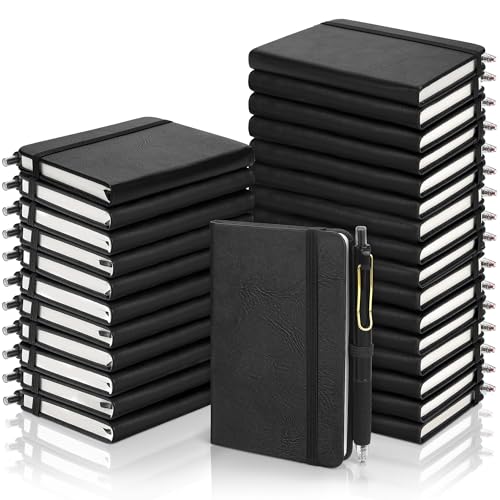 Aodaer 50 Sets Pocket Notebook Journal with Pens, 160 Pages, 3.5 x 5.5 Inch Mini Lined Journal Notebook A6 Leather Hardcover College Ruled Notepad with Pen Holder for School Office Gifts, Black - color: Black