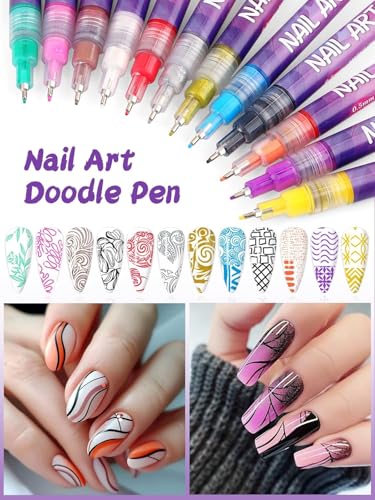 EBANKU 12 Colors Nail Art Pens Set, 3D 0.5MM Nail Polish Pens Graffiti Dotting Pen Quick-Drying Acrylic Nail Paint Liner Pen Tools for DIY Nail Art Manicure Tools - color: 12P