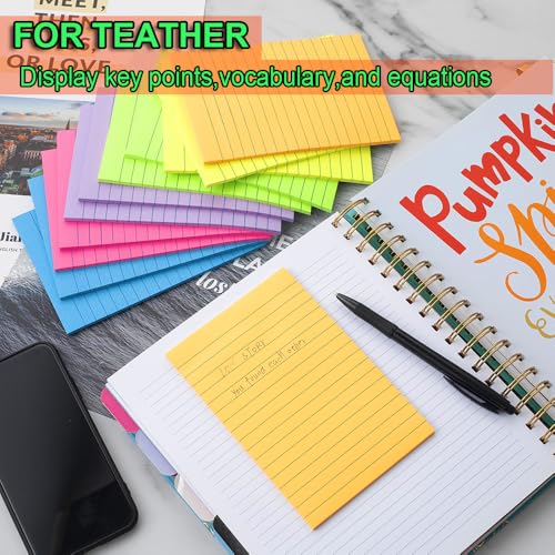 (12 Pack) Lined Sticky Notes 4x6 in,Bright Large Notepads with Lines