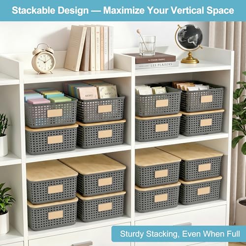 Bagnizer 4 Pack Plastic Storage Bins with Bamboo Lids, 6.2qt Stackable Storage Organizer Box with Lable for Pantry Shelves Drawers Desktop Office, 12"L x 8.3"W x 3.5"H, Gray - color: Gray, size: Shallow- 4 Pack