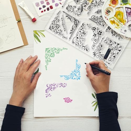 GLOBLELAND 2 Sheets Vines Edges Clear Stamp for Scrapbooking Retro Lace Silicone Stamps Baroque Border Transparent Stamp Set for Card Making DIY Embossing Journaling 8.27x5.83in