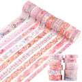 9 Rolls Gold Floral Washi Tape Set,Gold Foil Pink Floral Pattern Decorative Tape,Butterfly Star Decorative Masking Tapes for DIY Scrapbook Design Journaling Handbook Making Card Wrap Craft Gift - style: Pink flowers