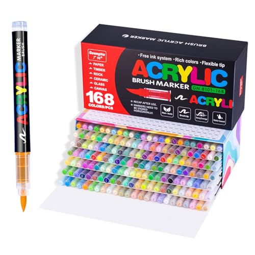Guangna 168 acrylic paint markers for stones, fabric, wood, and more | 168 colors, Box Packaging, Brush tip, Free to paint thick or thin, Strong coverage,Non-toxic and tasteless - color: 168 Colors