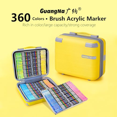 Guangna 360 acrylic paint markers for stones, fabric, wood, and more | 360 colors, Suitcase Packaging, Brush tip, Free to paint thick or thin, Strong coverage,Non-toxic and tasteless - color: 360 Colors