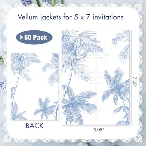 50 Pack Pre-Folded Vellum Jackets for 5x7 Invitations,AZAZA Elegant Translucent Invitation Sleeves,115GSM Vellum Jackets 5x7, Wedding Invitation Accessories, for Weddings Birthdays,Blue Palm Tree - color: 50Pack--Blue Palm Tree