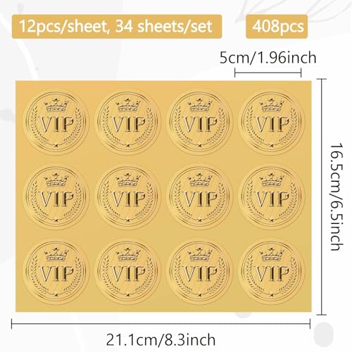 CRASPIRE 408pcs 2 Inch Crown Gold Foil Stickers VIP Word Star Gold Embossed Gold Certificate Seals Self Adhesive Waterproof Round Dot Medal Decoration Label for Gift Packaging Envelope Card Seal - style: VIP