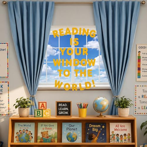 Engrowtic 7pcs Classroom Reading Corner Decor Set Includes 2 Curtains Panels 35x47in Window Backdrop, Reading is Your Window to the World Stickers, Motivational Bulletin Board Kit for Library School
