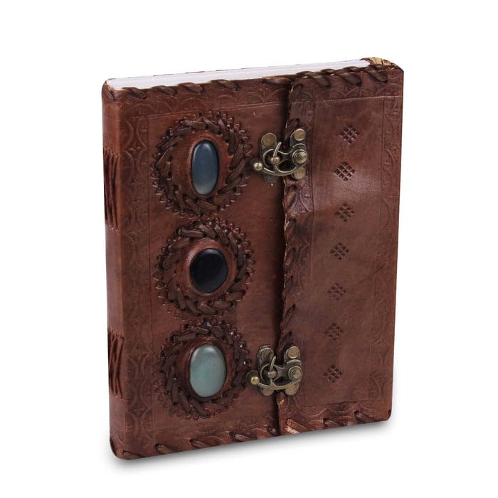 MaheTri 3 Stone Handmade Leather Journal with Lock – Vintage 3 Stone Design Genuine Leather Diary Notebook | Travel Journal Sketchbook Gift for Men Women