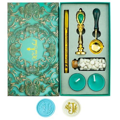 Letter Wax Seal Stamp, Ioggtser Alphabet J Wax Seal Stamp Set Including 1Pcs Copper Head with Iron Handle, 60 Pcs Wax Seal Beads, 1Pcs Wooden Melting Spoon, 2Pcs Candles, 1Pcs Wax Seal Pen - style: Letter J set