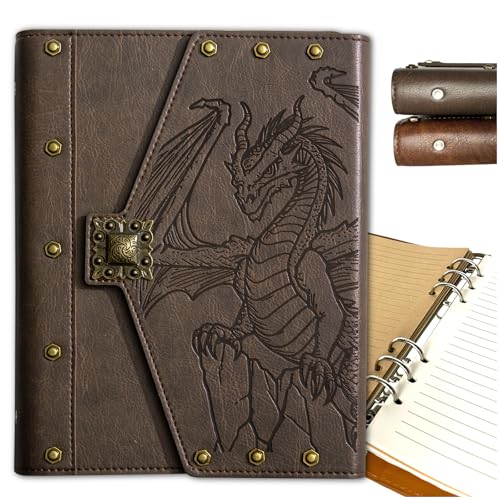 DUROTAN DND Journal D&D Notebook Unique A5 Binder 400 pages | for Dungeons & Dragons / D&D Gifts Set,for Travel Office Daily Writing Items & Accessories for Players - color: s01-Khaki-Dragon