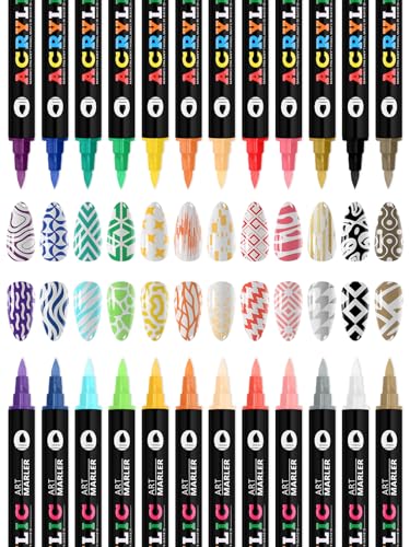 EBANKU 24 Colors Nail Art Pens, 3D Double Head Quick-Drying Nail Art Markers Acrylic Paint Nail Point Dotting Liner Pen No Squeeze Needed for Christmas Party - color: 24 Colors（B)