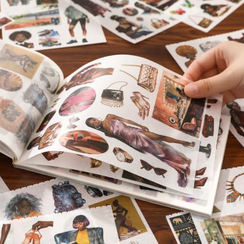 Black Women Sticker Book, 500+ Fashion Ladies and Clothes Shoes Bags Scrapbook Stickers for Junk Journals 20 A5 Scrapbook Papers, Retro Washi Sticker Book for Adults, Ephemera Scrapbooking Supplies - color: Black Girl