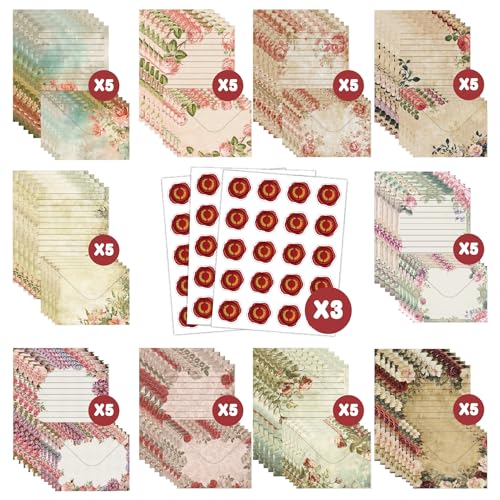 160 Packs Stationery Paper and Envelopes Set 10 Different Designs, 50 One Sided Stationery Writing Papers with 50 Matching Envelopes and 60 Round Dot Sticker, 5.5 x 8.25 Inch (VintageFlower) - style: VintageFlower