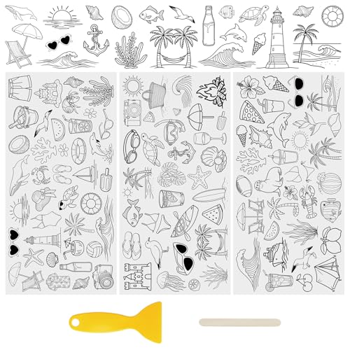 WANDIC 3 Sheets UV DTF Rub on Transfer Stickers for Craft,Summer Seaside Sketches Theme Cup Warp Waterproof Decals Retro Decorative Transfers for journal Cards Furniture Glass Wood DIY Crafts,15*30cm - color: Summer Seaside