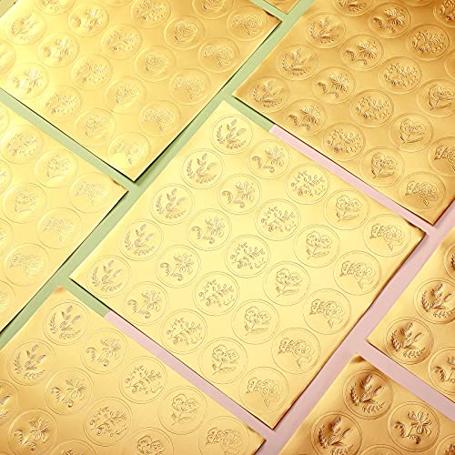 Chinco 500 Pieces Gold Embossed Envelope Seal Stickers | Envelope Sealer, Adhesive Seal Stickers, Vintage Embossed Foil Kit Plant DIY Labels, for Wedding Invitation, 5 Pattern, Paper - style: Flower Style