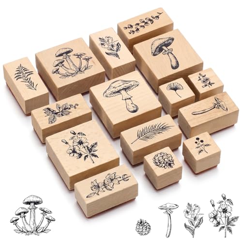 15 Pcs Plant and Flower Decorative Retro Wood Rubber Stamp Set Mushroom Rubber Stamps for Art and Craft Journals DIY Card Making Scrapbooking - style: Plant Flower
